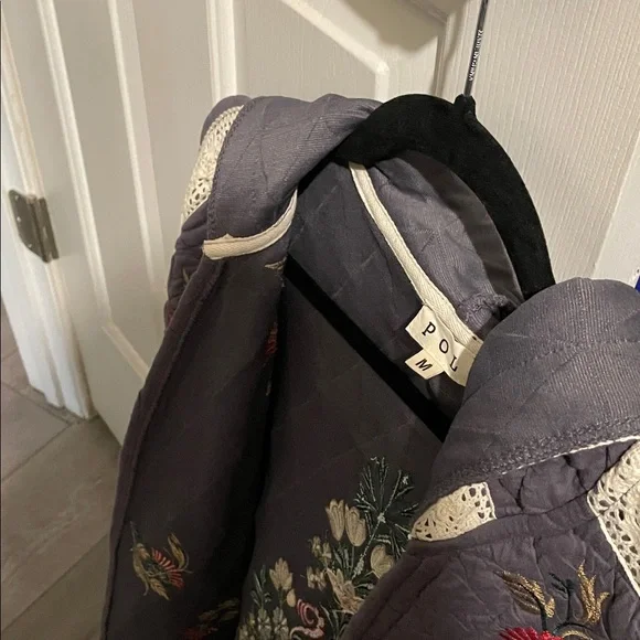 POL Quilted Jacket  with Embroidered Floral Design - Gray and Cream - Picture 15 of 15